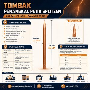 Tombak Penangkal Petir Splitzen Ukuran 1/2 inch Panjang 50 cm