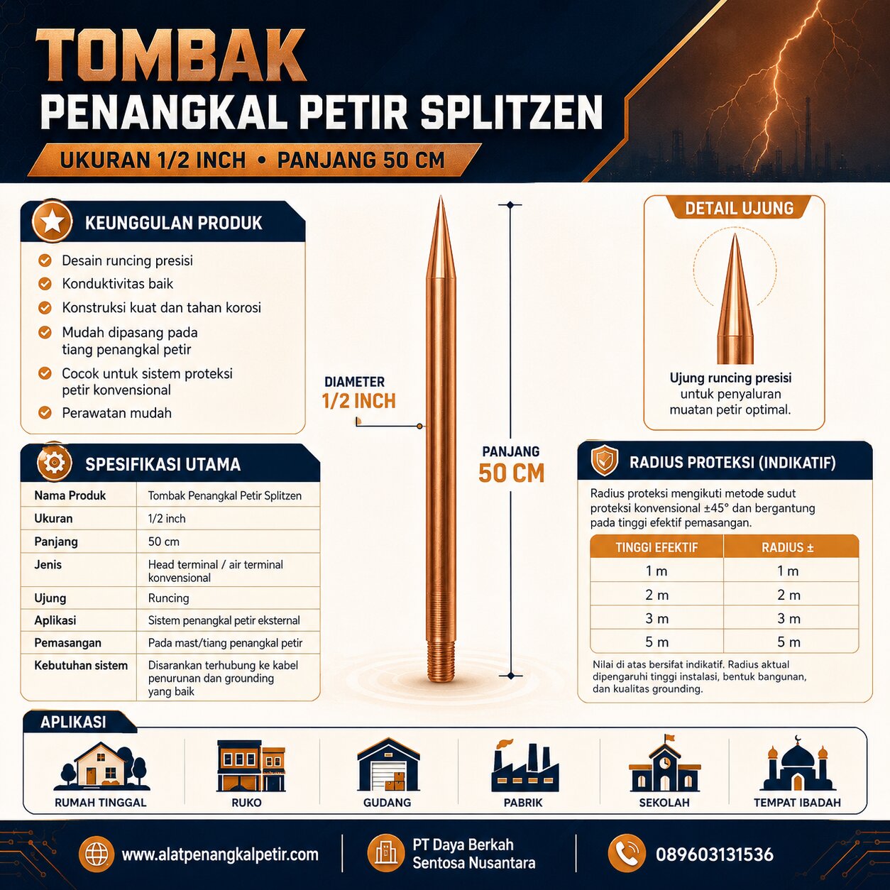Tombak Penangkal Petir Splitzen Ukuran 1/2 inch Panjang 50 cm