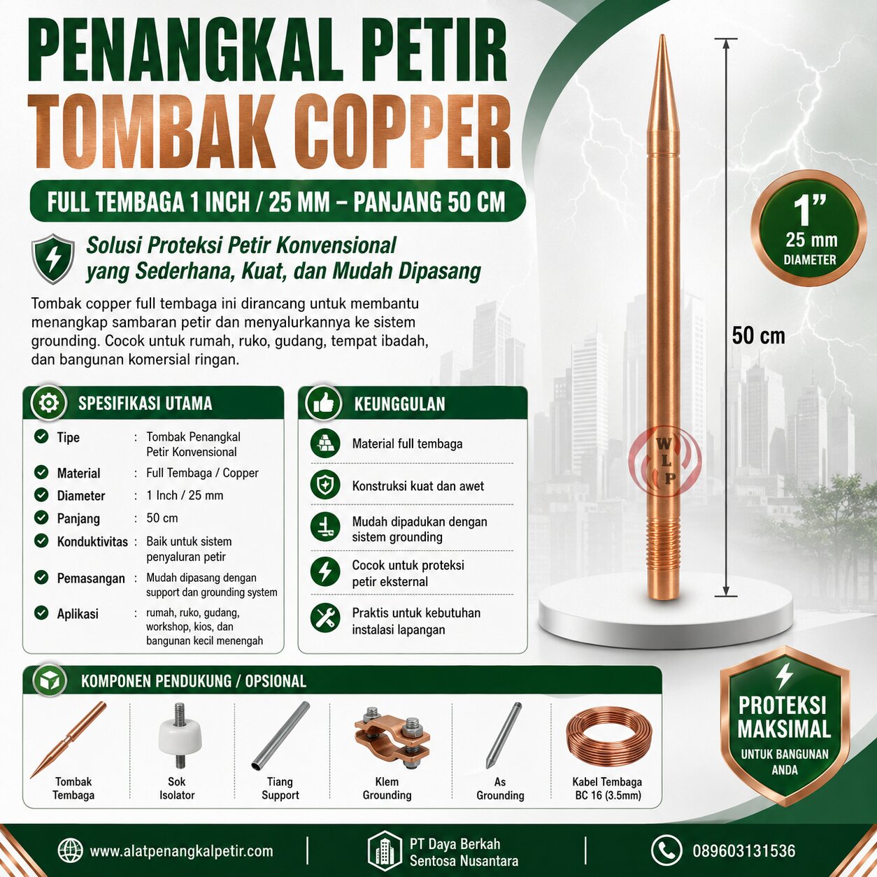 Penangkal Petir Tombak Copper Full Tembaga 1 Inch 25mm Panjang 50cm