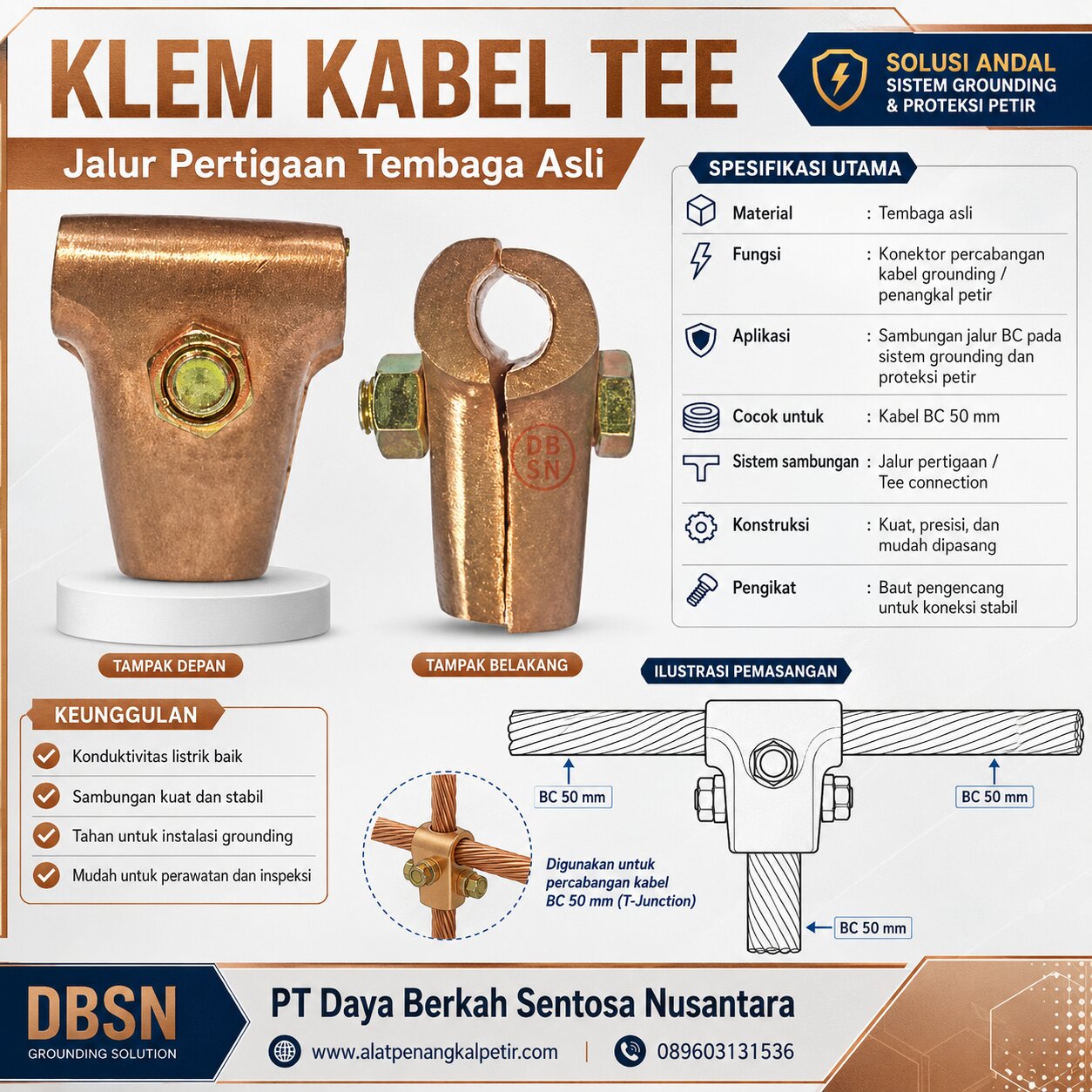 Klem Kabel TEE Jalur Pertigaan Tembaga Asli